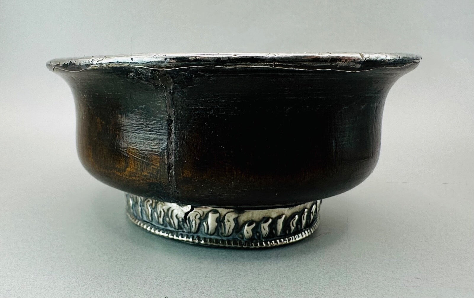 Antique White Metal & Hardwood Beggar's Bowl - Unique Piece