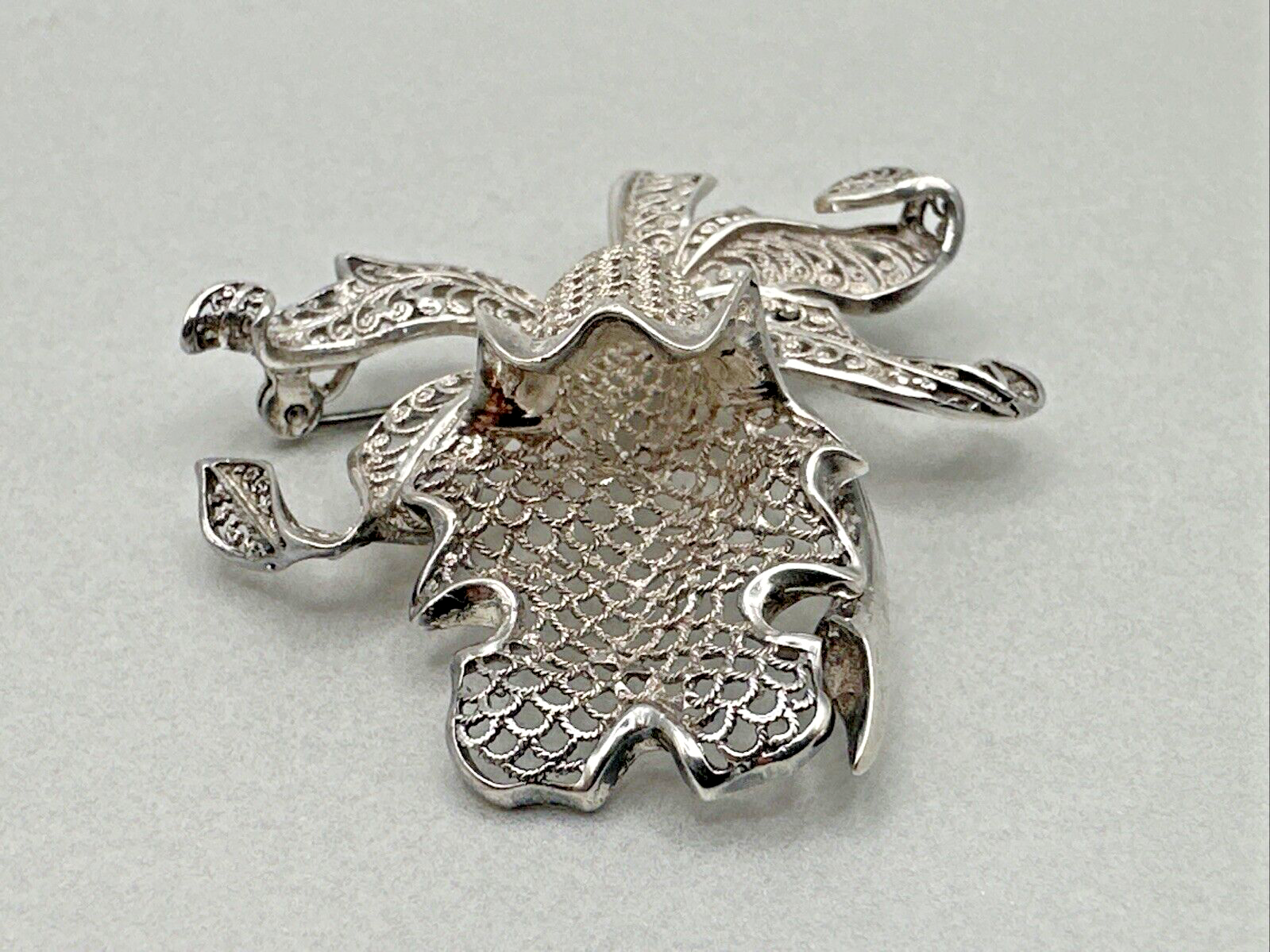 Vintage Silver Filigree Orchid Brooch - 1973