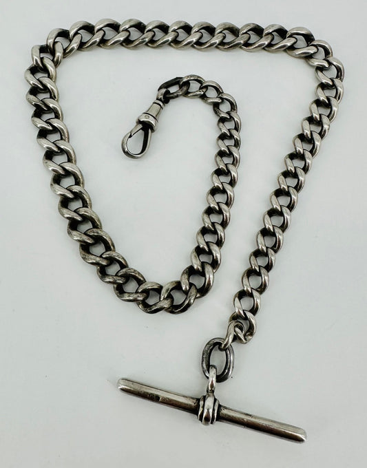 Antique Silver Pocket Watch Chain with T-Bar & Clip – 355mm, 41.4g c.1870
