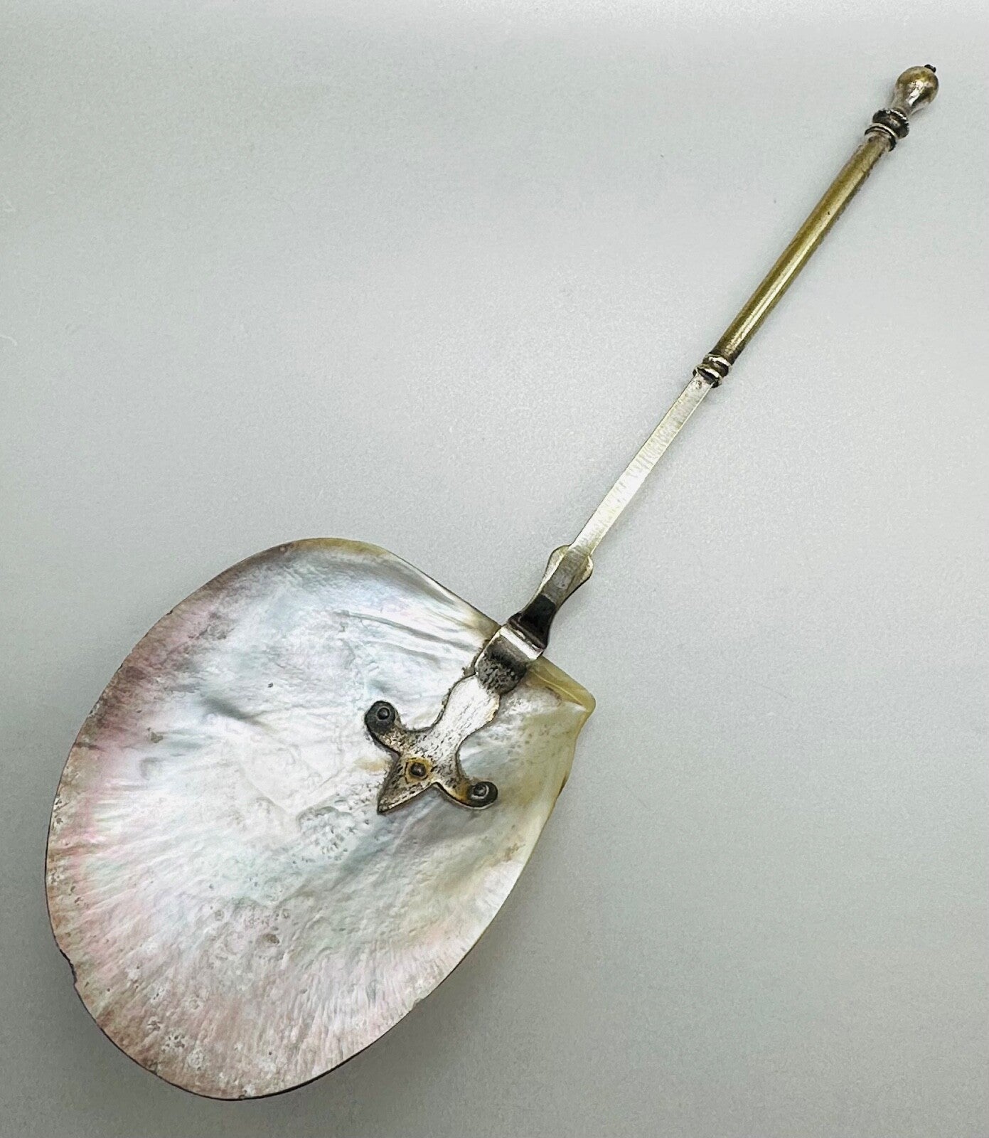 Antique Large Mother of Pearl Spoon – Ornate Design, Worn Silver-Plated Handle