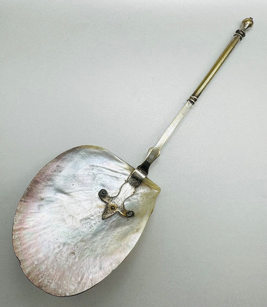 Antique Large Mother of Pearl Spoon – Ornate Design, Worn Silver-Plated Handle