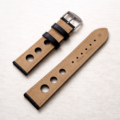 Brand New Grand Prix Style Leather Watch Strap – Black – Genuine Calf Leather