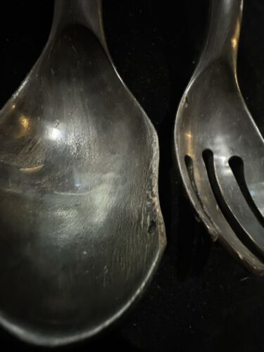 Antique Silver Handled Wooden Serving Fork & Spoon