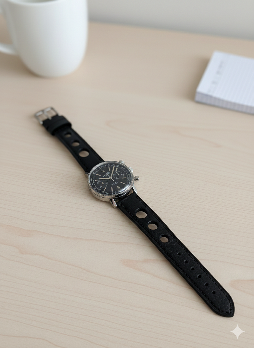 Brand New Grand Prix Style Leather Watch Strap – Black – Genuine Calf Leather