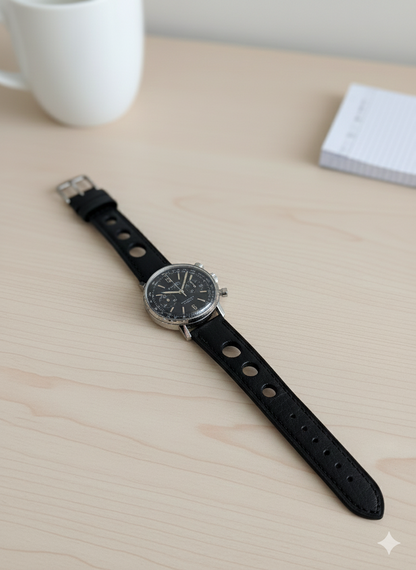 Brand New Grand Prix Style Leather Watch Strap – Black – Genuine Calf Leather