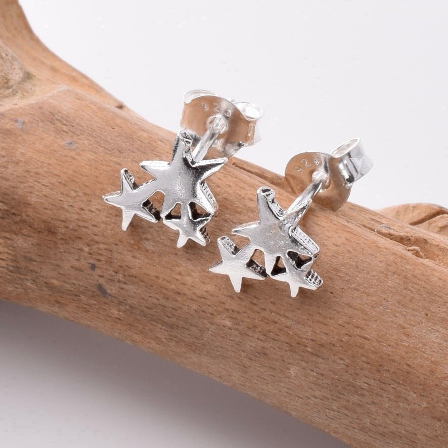 Brand New 925 Sterling Silver Triple Star Stud Earrings