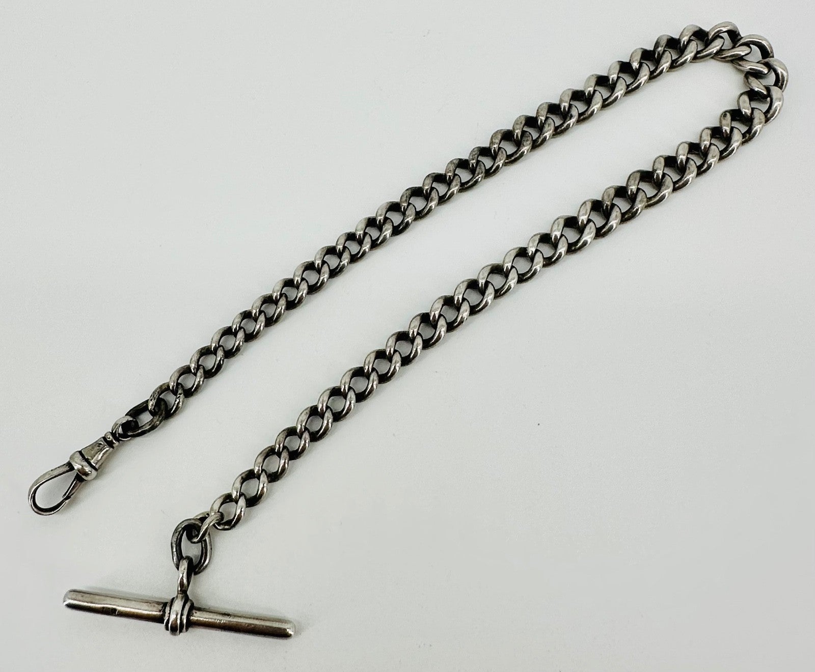 Antique Silver Pocket Watch Chain with T-Bar & Clip – 355mm, 41.4g c.1870