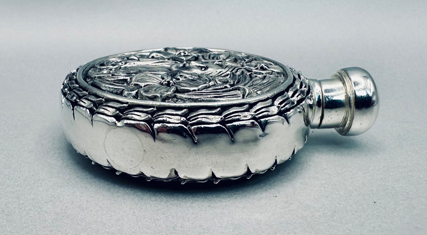 Antique 800 Silver Perfume Flask – High-Relief Classical Female & Floral Design