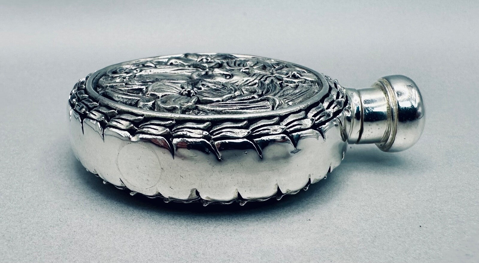 Antique 800 Silver Perfume Flask – High-Relief Classical Female & Floral Design