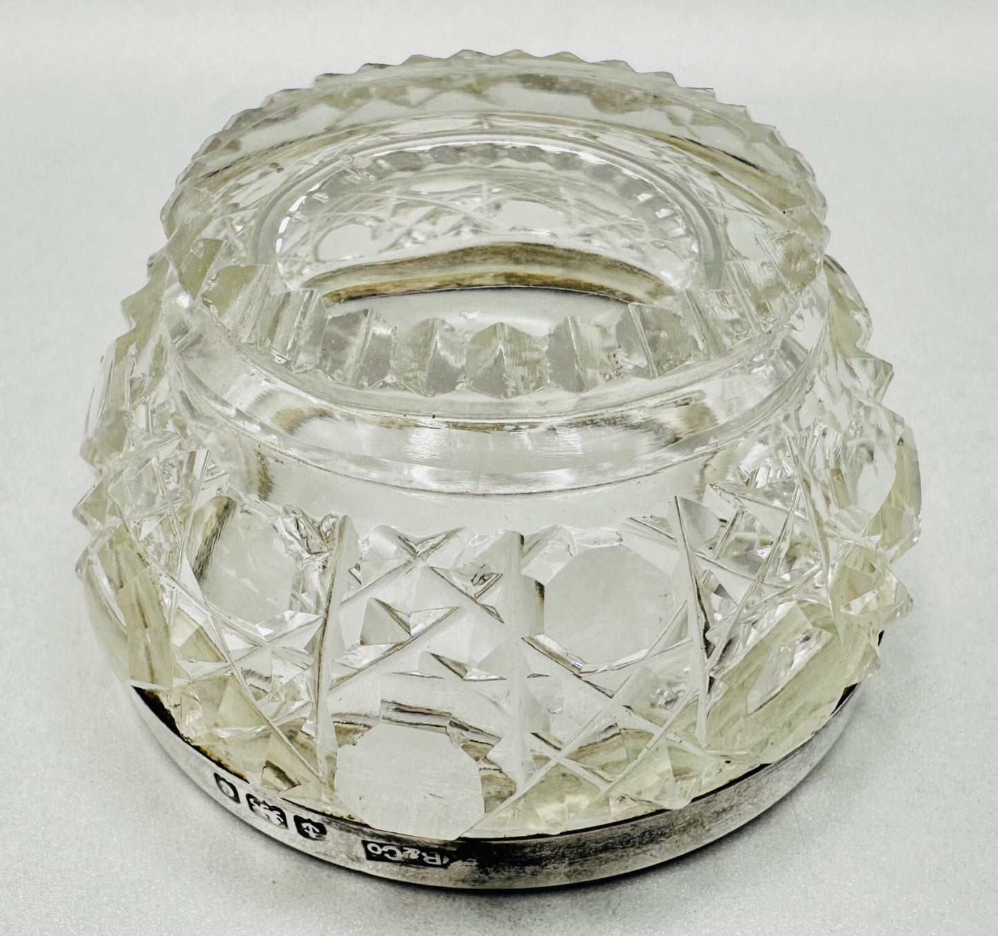 Antique Silver Rimmed Glass Salt – Birmingham 1902 Henry Bushell & Co