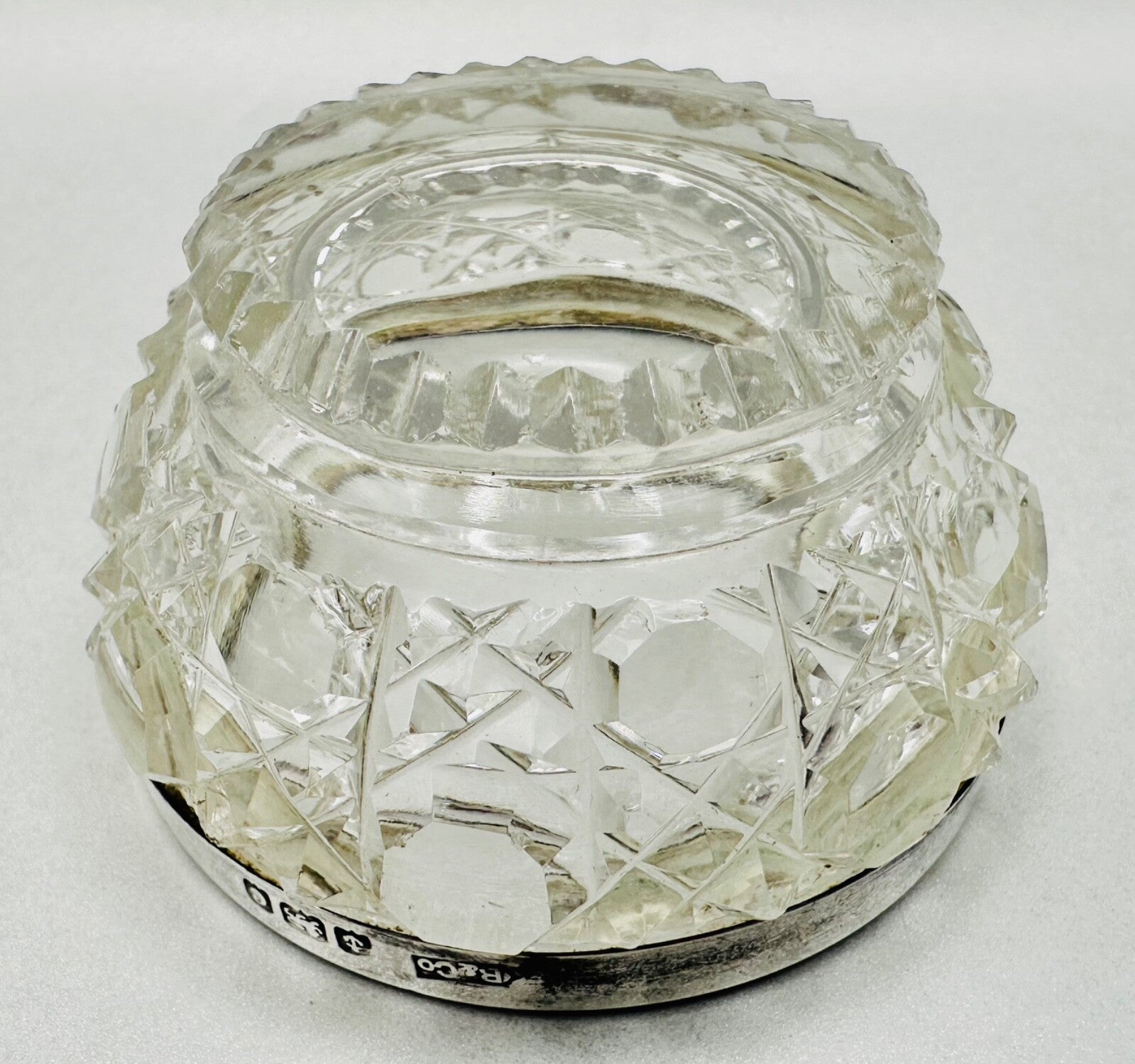 Antique Silver Rimmed Glass Salt – Birmingham 1902 Henry Bushell & Co