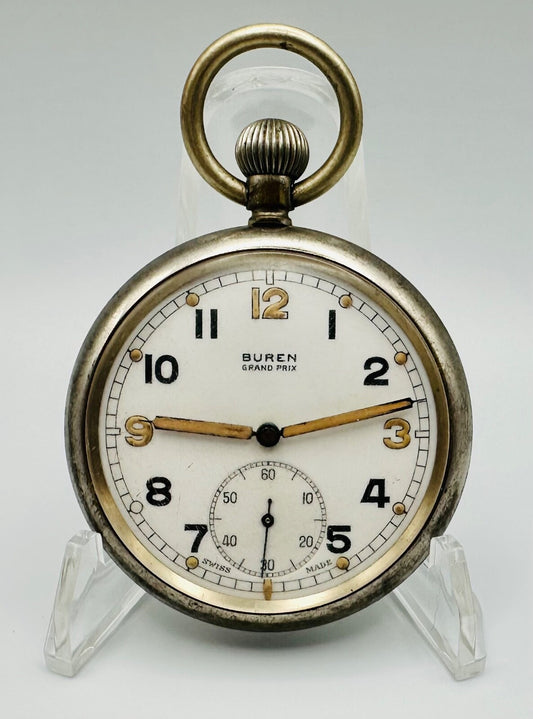 Antique British Military Buren Grand Prix GSTP Pocket Watch - WWII Era - Working