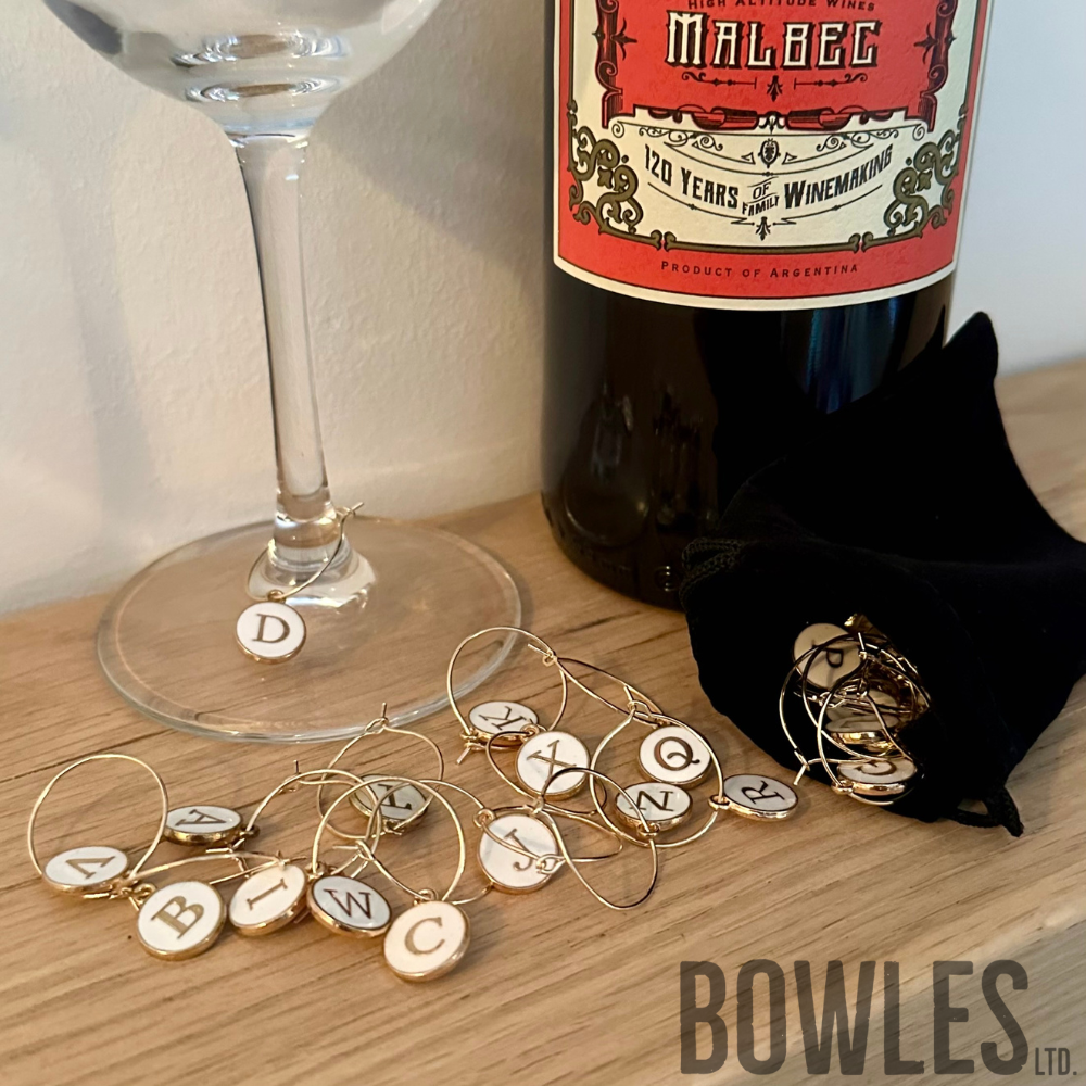 A to Z Wine Glass Charms – Pack of 26 Alphabet Drink Markers with Velvet Bag