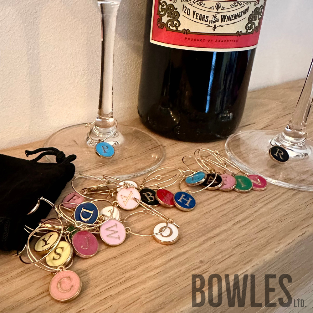 A to Z Wine Glass Charms – Pack of 26 Alphabet Drink Markers with Velvet Bag