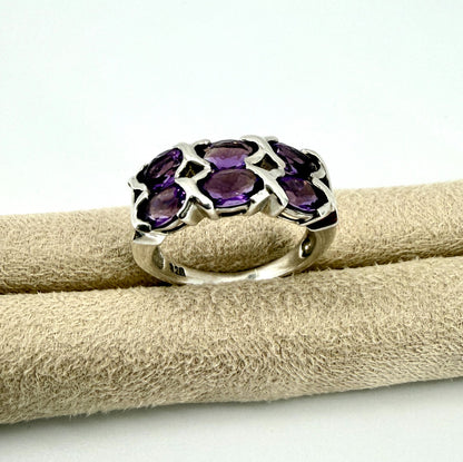 Vintage 925 Sterling Silver Amethyst Ring – UK Size O – 6 Stone Setting