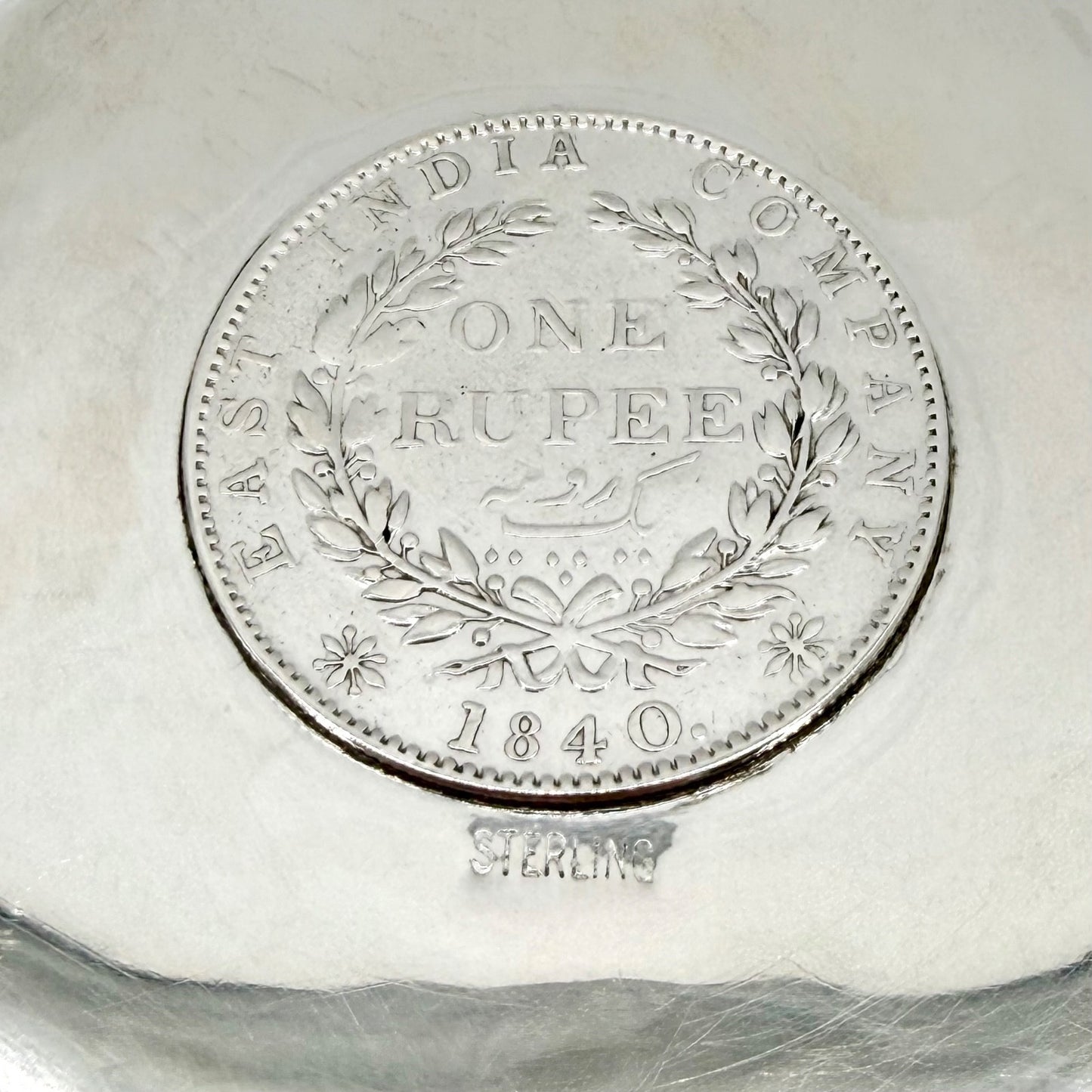 Antique Sterling Silver Coin Pin Dish, One Rupee 1840 East India Company - Boxed