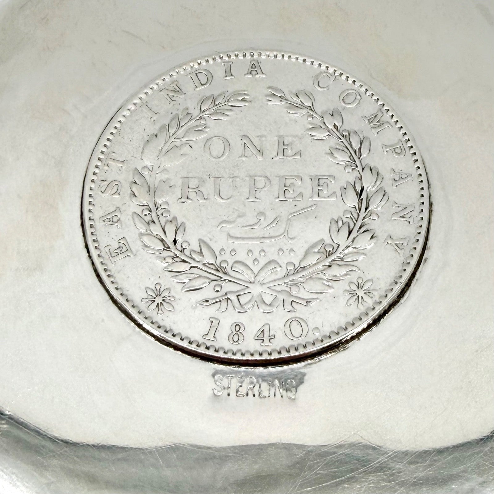 Antique Sterling Silver Coin Pin Dish, One Rupee 1840 East India Company - Boxed