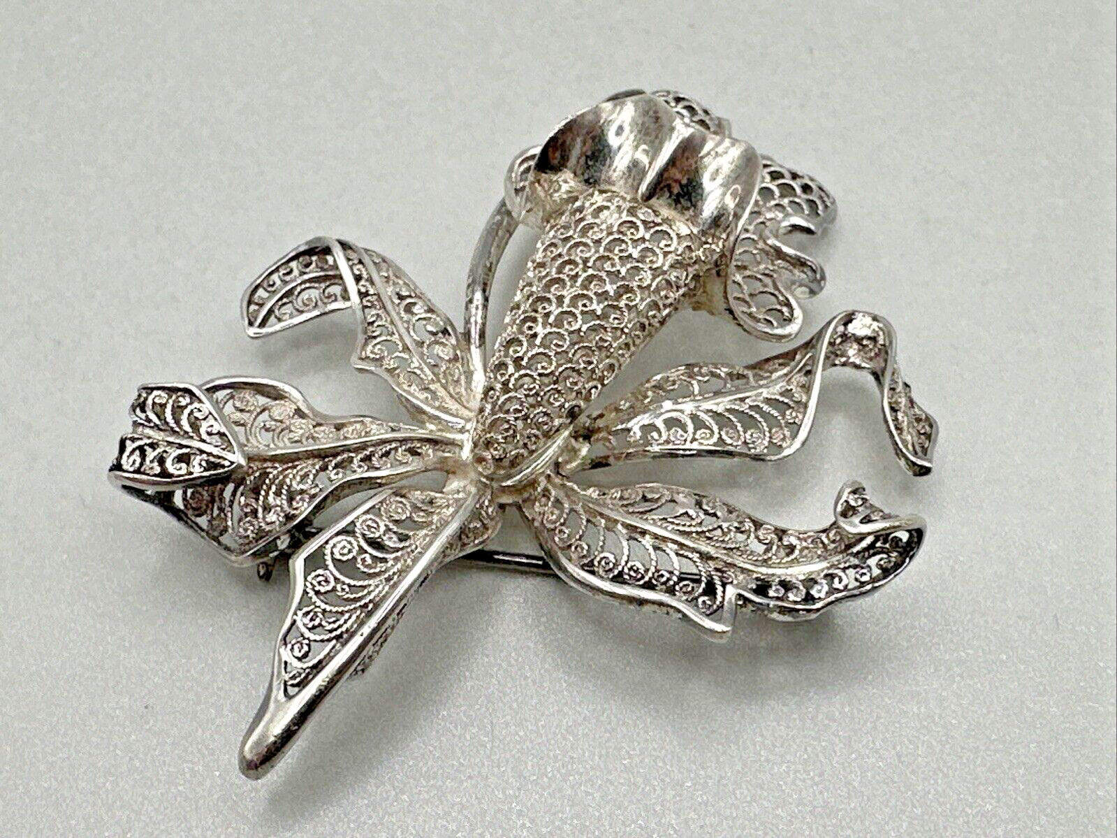 Vintage Silver Filigree Orchid Brooch - 1973