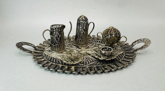 Antique White Metal Filigree Miniature Tea Set with Tray