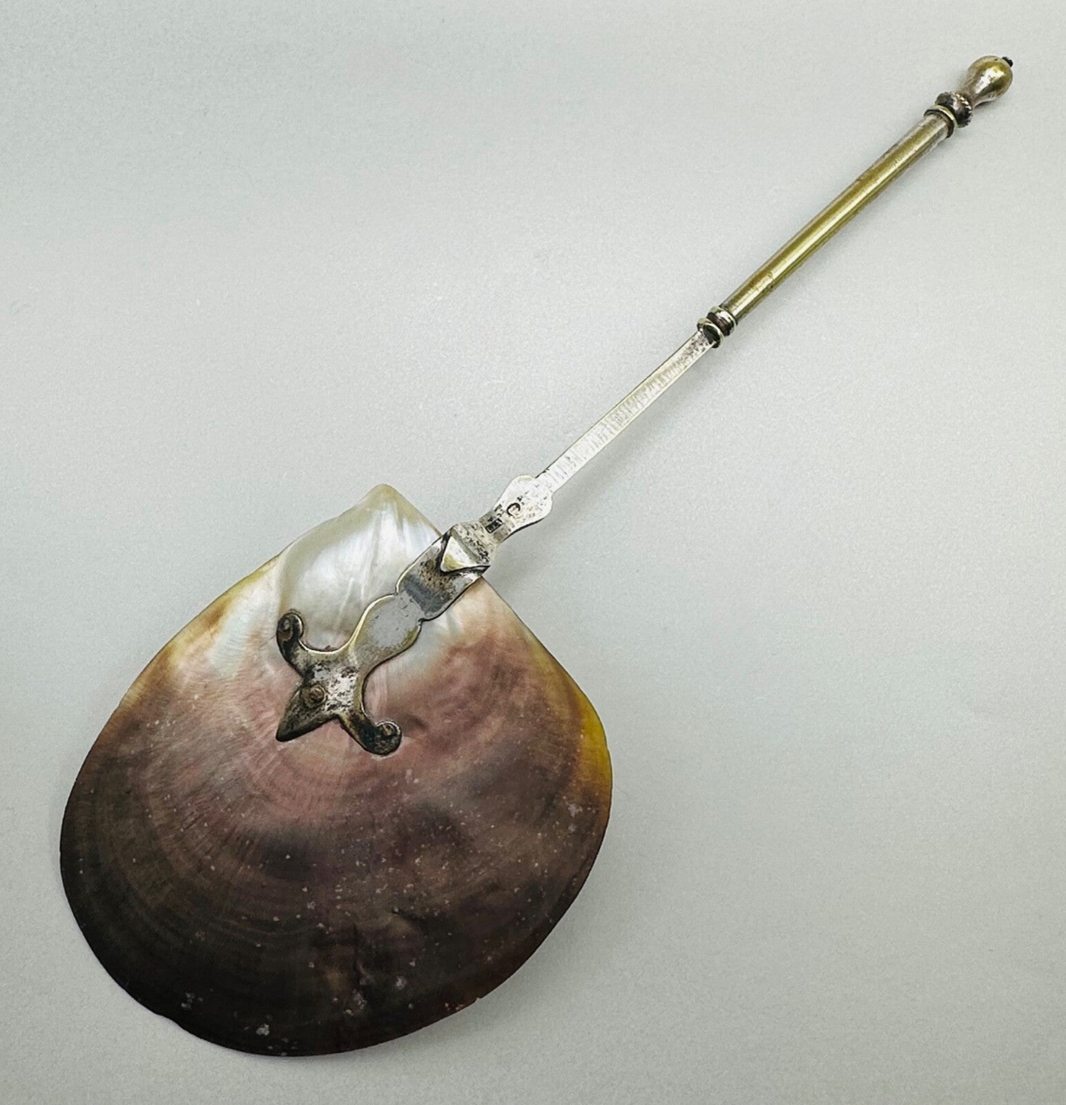 Antique Large Mother of Pearl Spoon – Ornate Design, Worn Silver-Plated Handle
