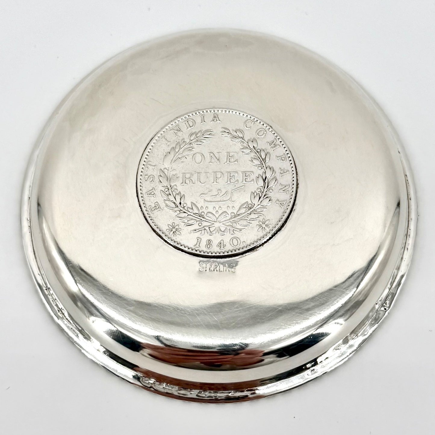 Antique Sterling Silver Coin Pin Dish, One Rupee 1840 East India Company - Boxed