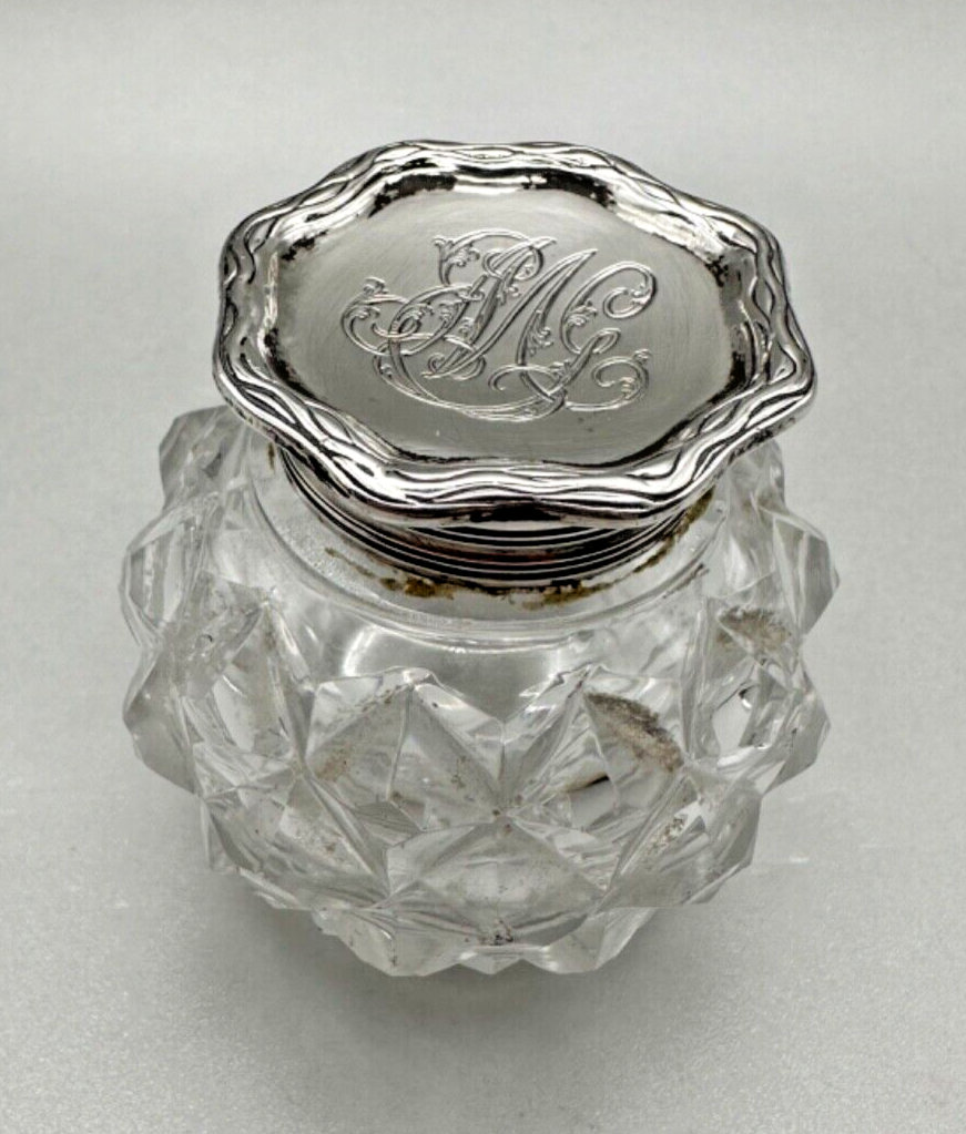 Antique Silver Top Glass Inkwell - London 1885 George Fox