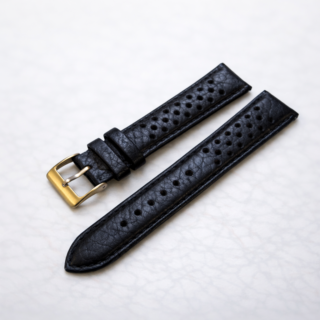 Brand New Rally Style Leather Watch Strap – Black – Genuine Calf Leather