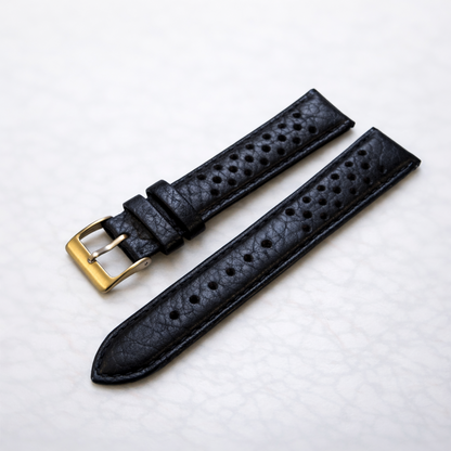 Brand New Rally Style Leather Watch Strap – Black – Genuine Calf Leather