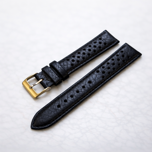 Brand New Rally Style Leather Watch Strap – Black – Genuine Calf Leather