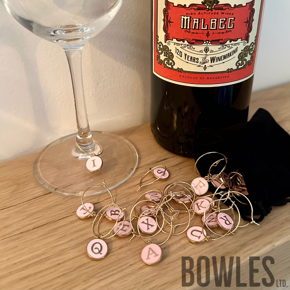 A to Z Wine Glass Charms – Pack of 26 Alphabet Drink Markers with Velvet Bag