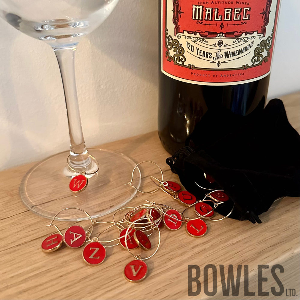 A to Z Wine Glass Charms – Pack of 26 Alphabet Drink Markers with Velvet Bag