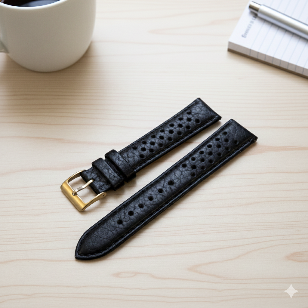 Brand New Rally Style Leather Watch Strap – Black – Genuine Calf Leather
