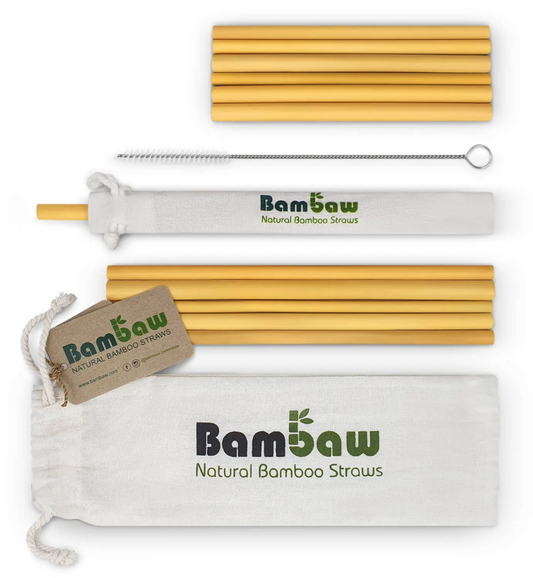 Eco-Friendly Bamboo Straw Set - 12 Reusable Straws, Cleaning Brush & Carry Bag