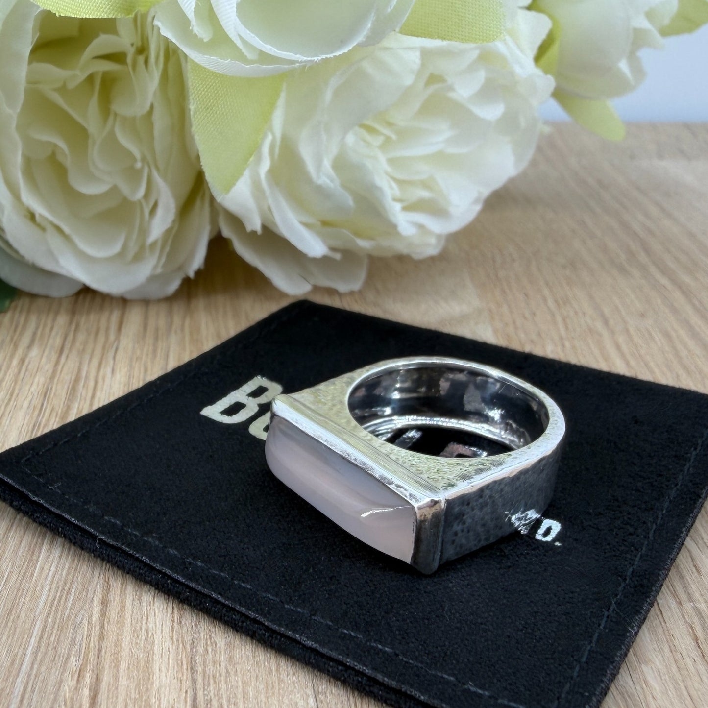 Vintage 925 Sterling Silver Rose Quartz Ring – UK Size Q – Rectangular Cabochon