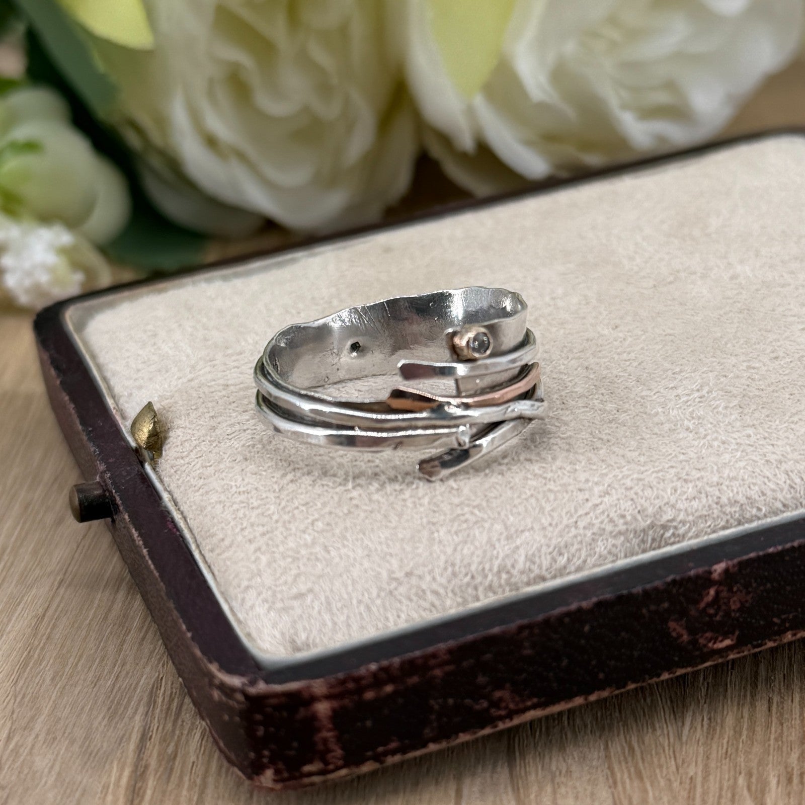 Handmade 925 Sterling Silver Diamond Ring with Gold Accents – UK Size U