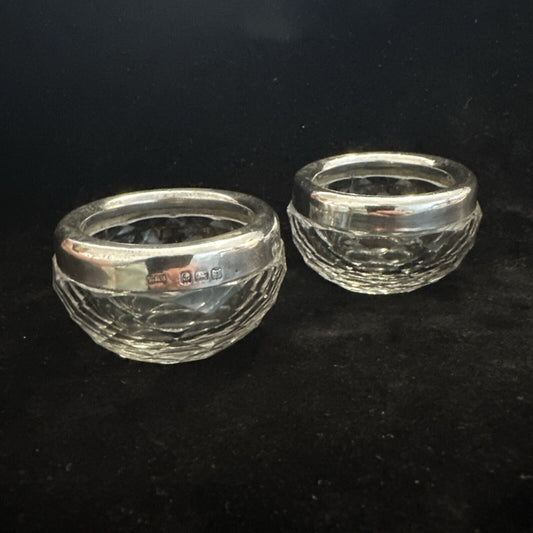 Antique Pair of Silver Rimmed Cut Glass Salts - Birmingham 1914 Levi & Salaman