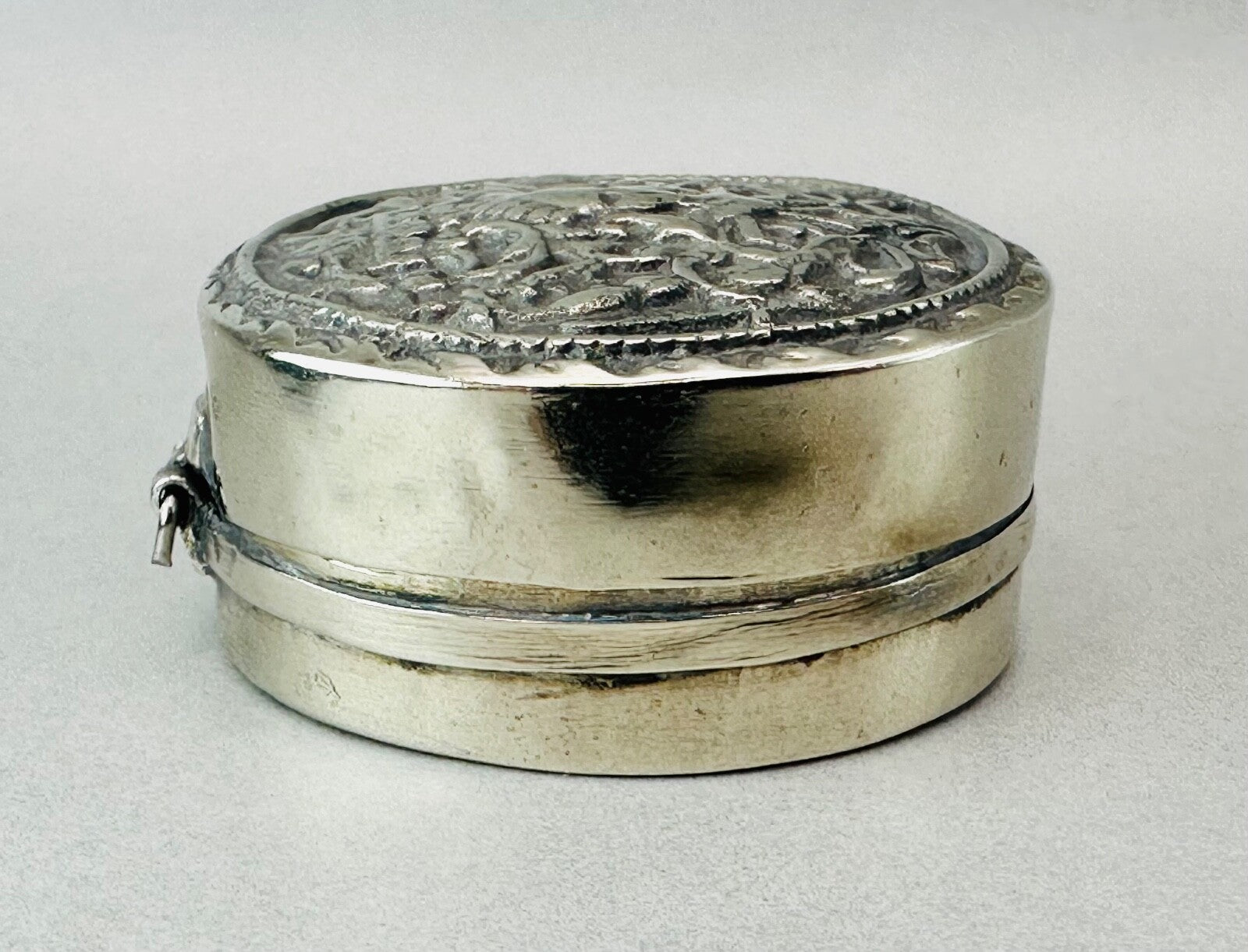 Antique White Metal Pill Box with Hinged Lid