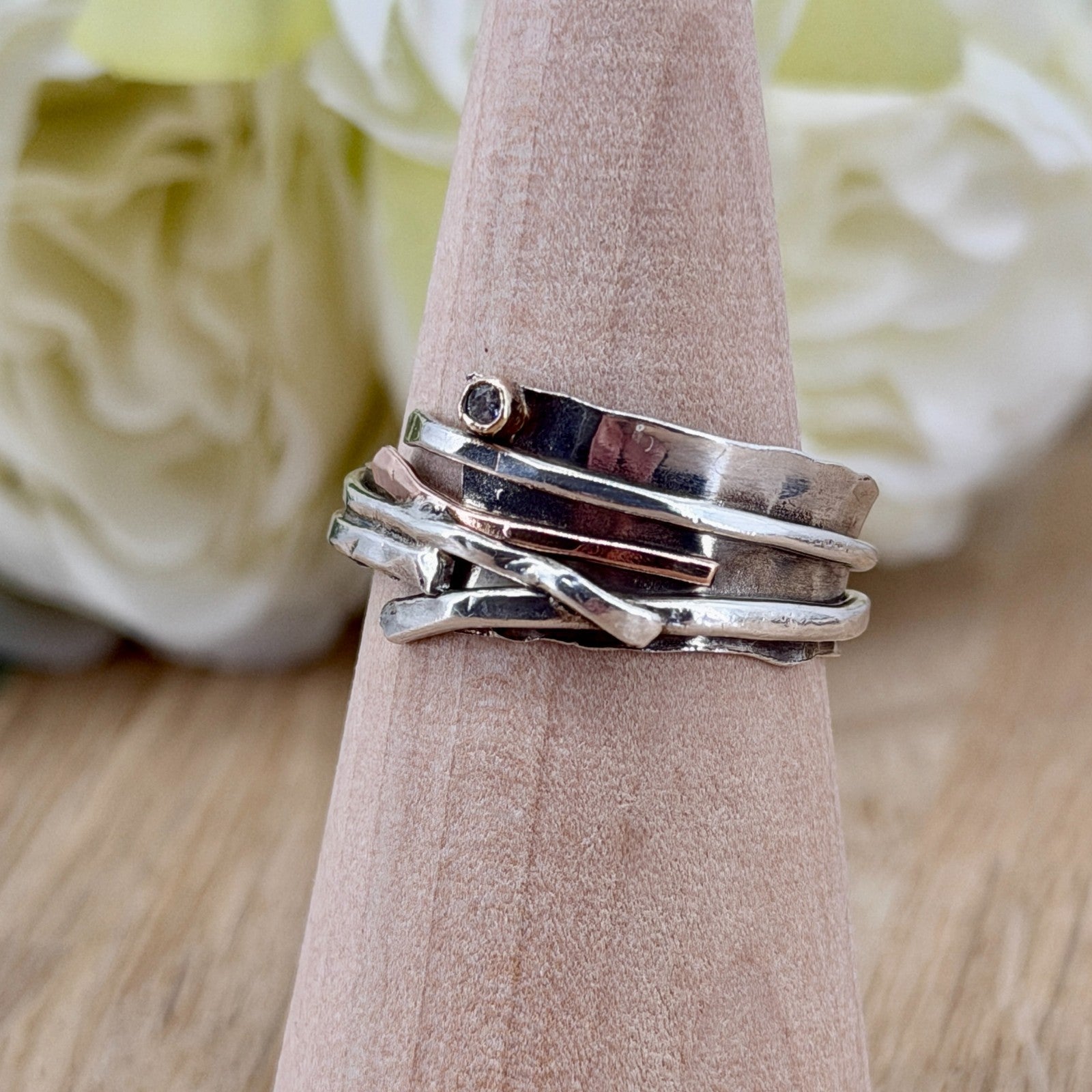 Handmade 925 Sterling Silver Diamond Ring with Gold Accents – UK Size U