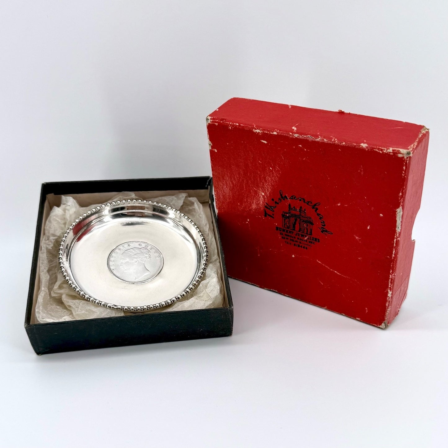 Antique Sterling Silver Coin Pin Dish, One Rupee 1840 East India Company - Boxed