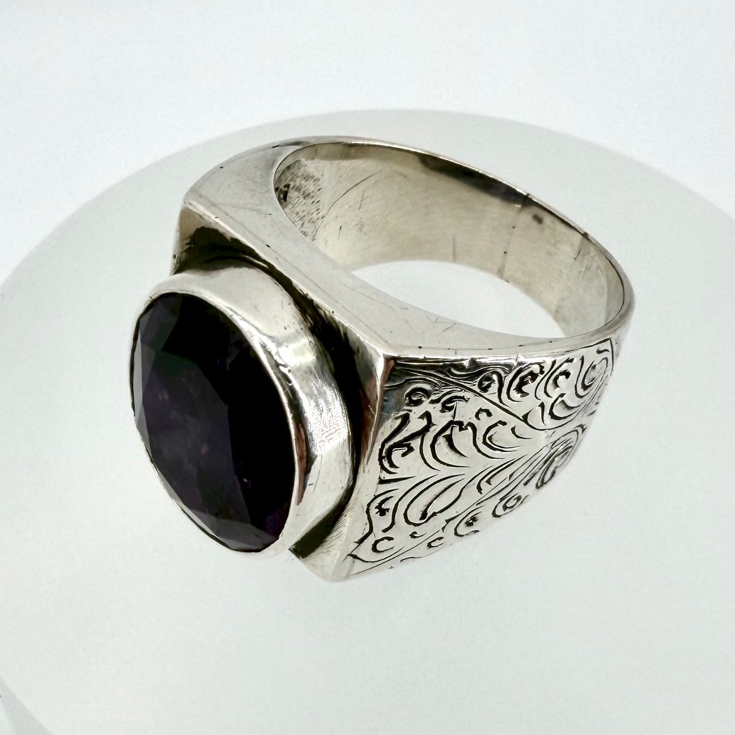 Vintage Sterling Silver Amethyst Signet Ring - UK Size W