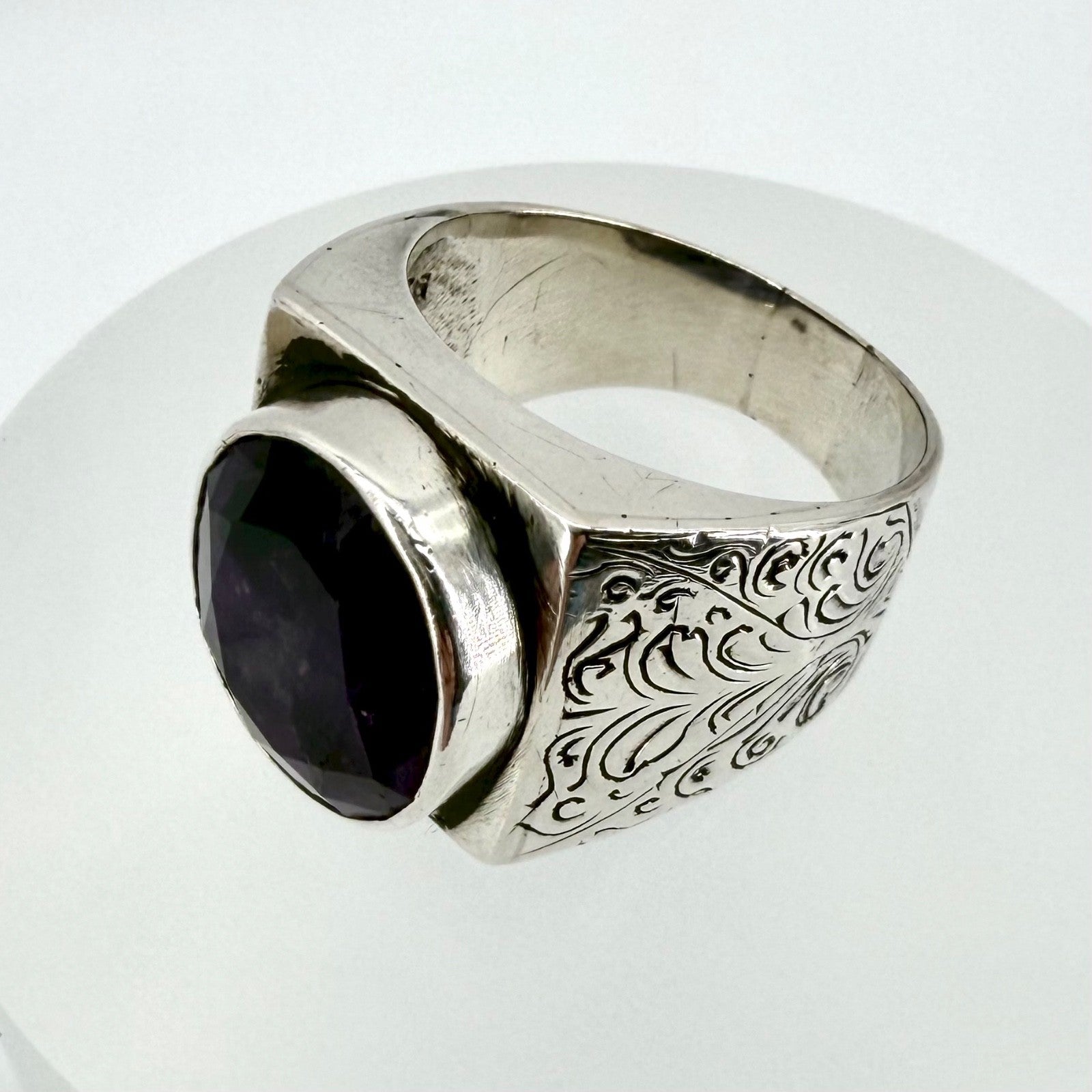 Vintage Sterling Silver Amethyst Signet Ring - UK Size W