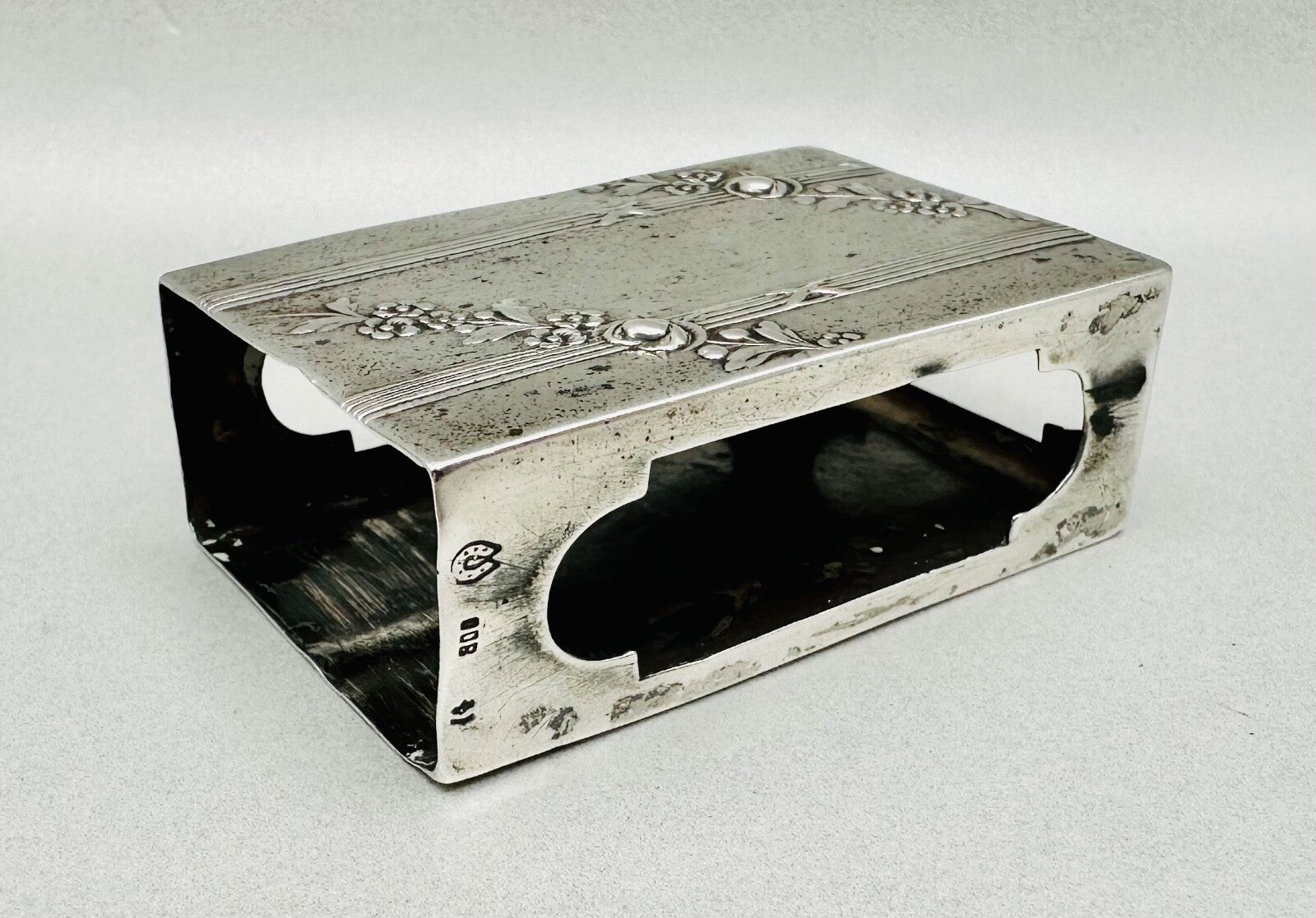 Antique 800 Silver Matchbox Sleeve/Case – German Hallmarks – Oberländer P