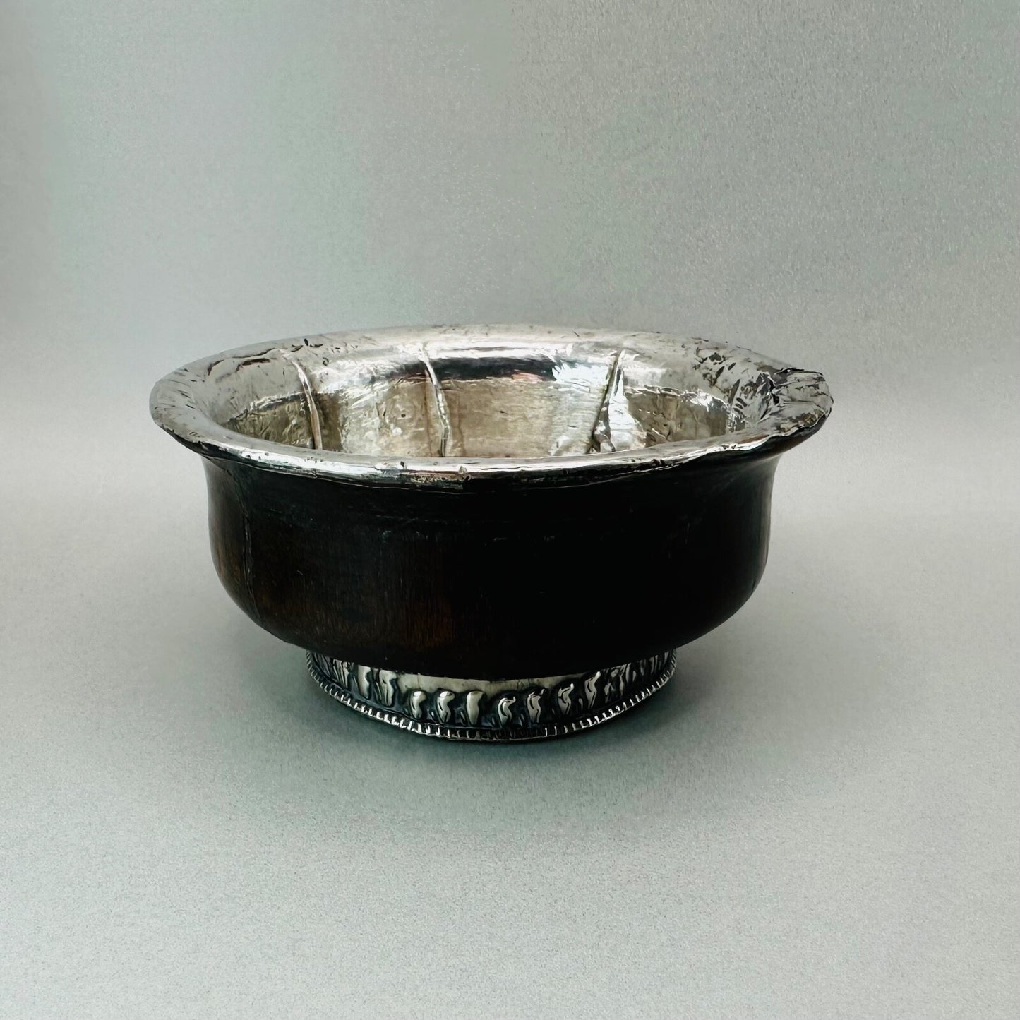 Antique White Metal & Hardwood Beggar's Bowl - Unique Piece