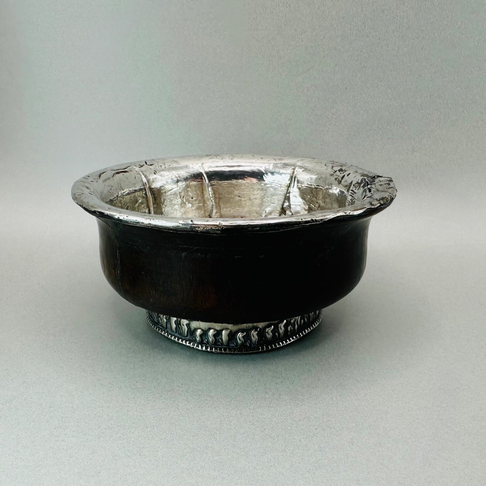Antique White Metal & Hardwood Beggar's Bowl - Unique Piece