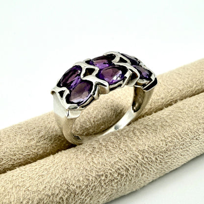 Vintage 925 Sterling Silver Amethyst Ring – UK Size O – 6 Stone Setting
