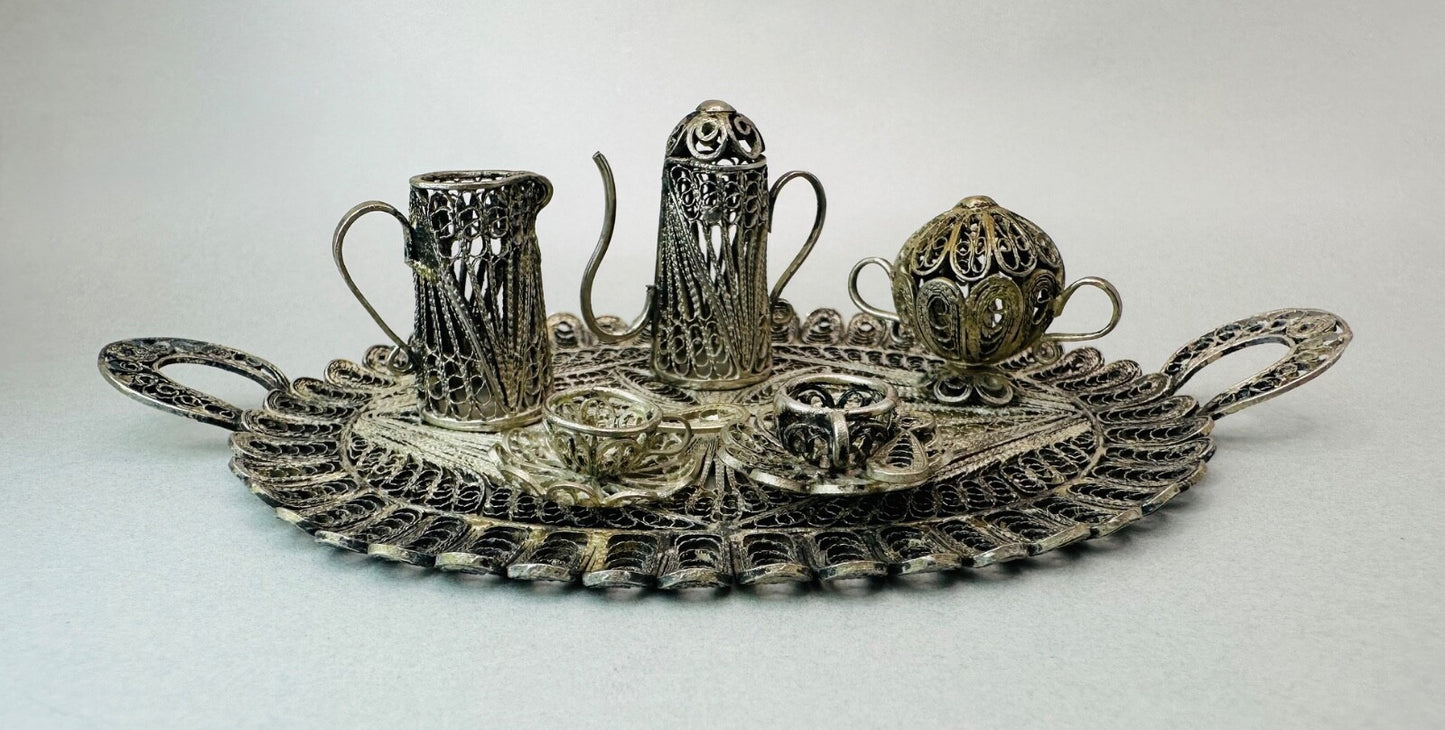 Antique White Metal Filigree Miniature Tea Set with Tray