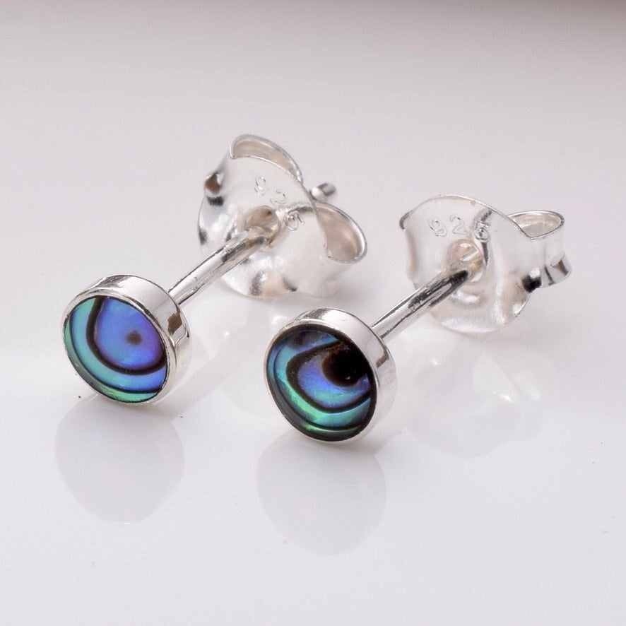 Brand New 925 Sterling Silver Abalone Round Stud Earrings