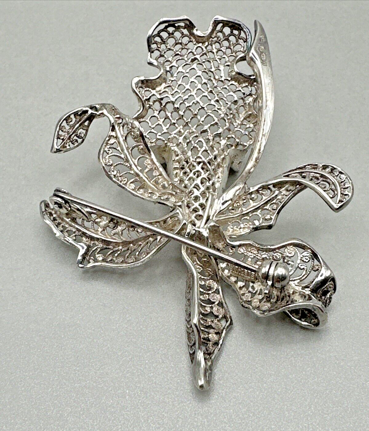 Vintage Silver Filigree Orchid Brooch - 1973