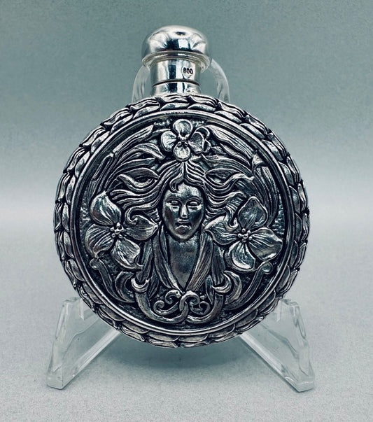 Antique 800 Silver Perfume Flask – High-Relief Classical Female & Floral Design