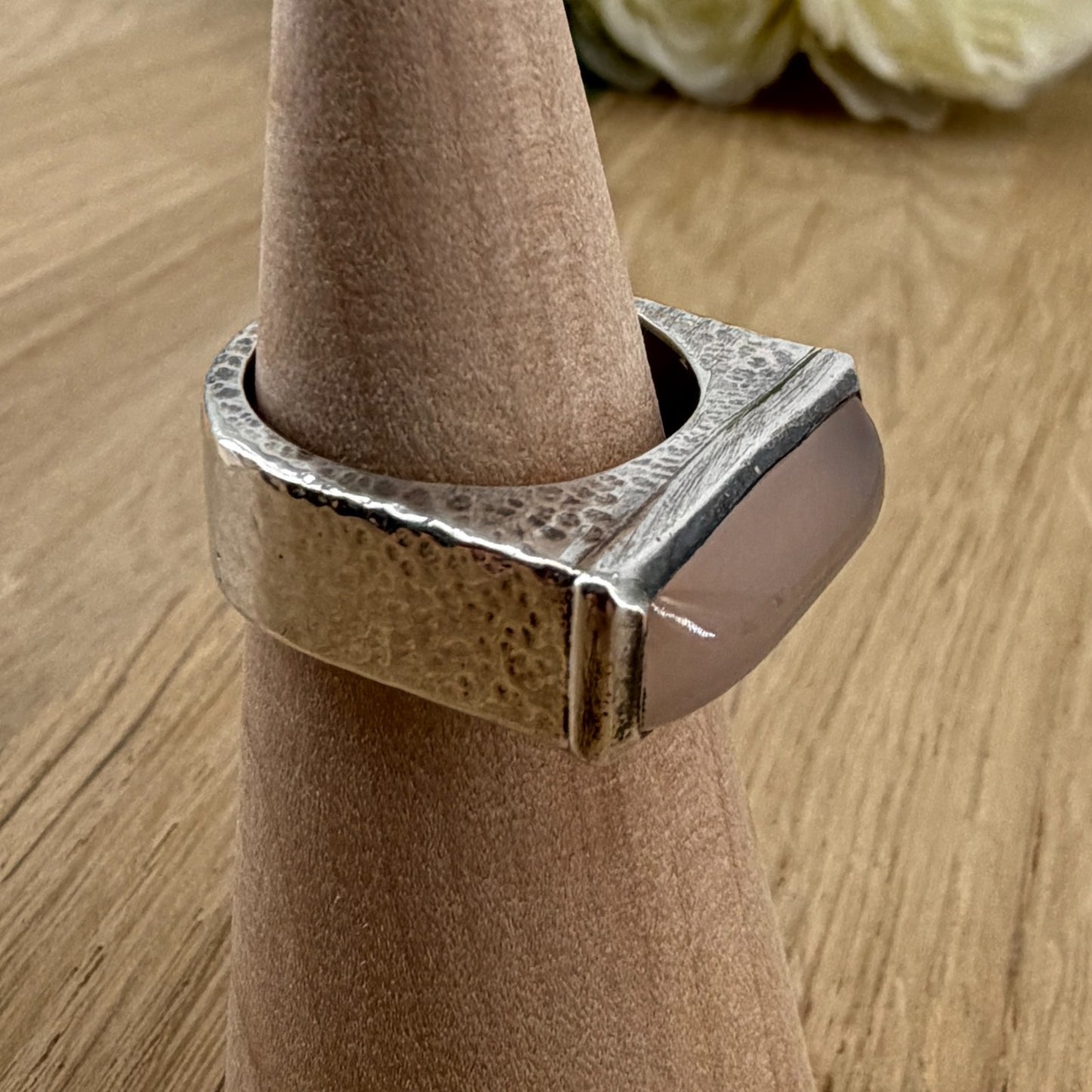 Vintage 925 Sterling Silver Rose Quartz Ring – UK Size Q – Rectangular Cabochon